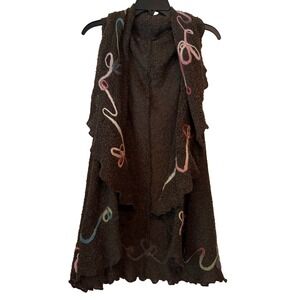Handmade Brown Knit Sleeveless Vest with Colorful Embroidered Detail Boho Chic